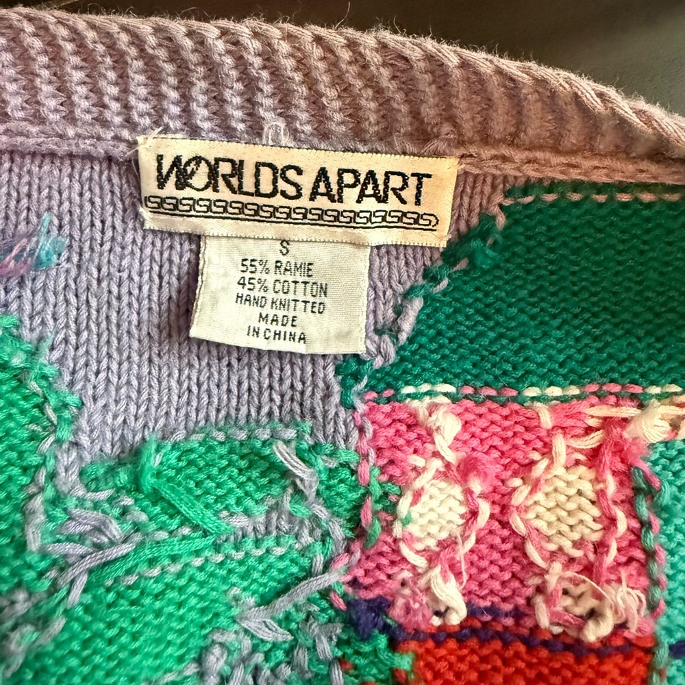 Vintage 90s indie hand knit chunky print sweater size small by worlds apart - Picture 3 of 7